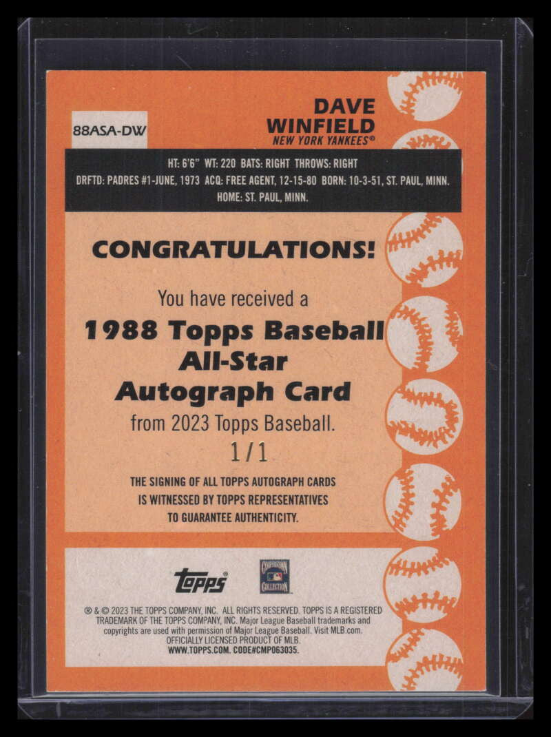 2023 Topps '88 Topps All Star Autographs Platinum 88asadw Dave Winfield Auto 1/1
