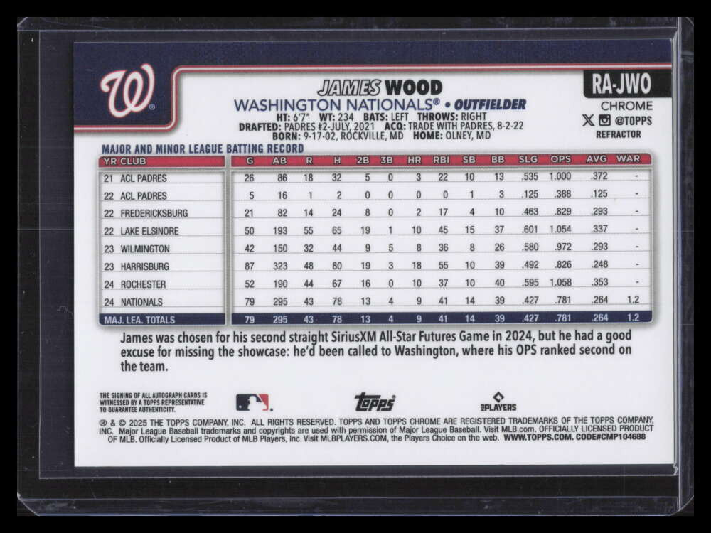 2025 Topps Chrome Rookie Autographs Refractor RAJWO James Wood RC Auto 83/499