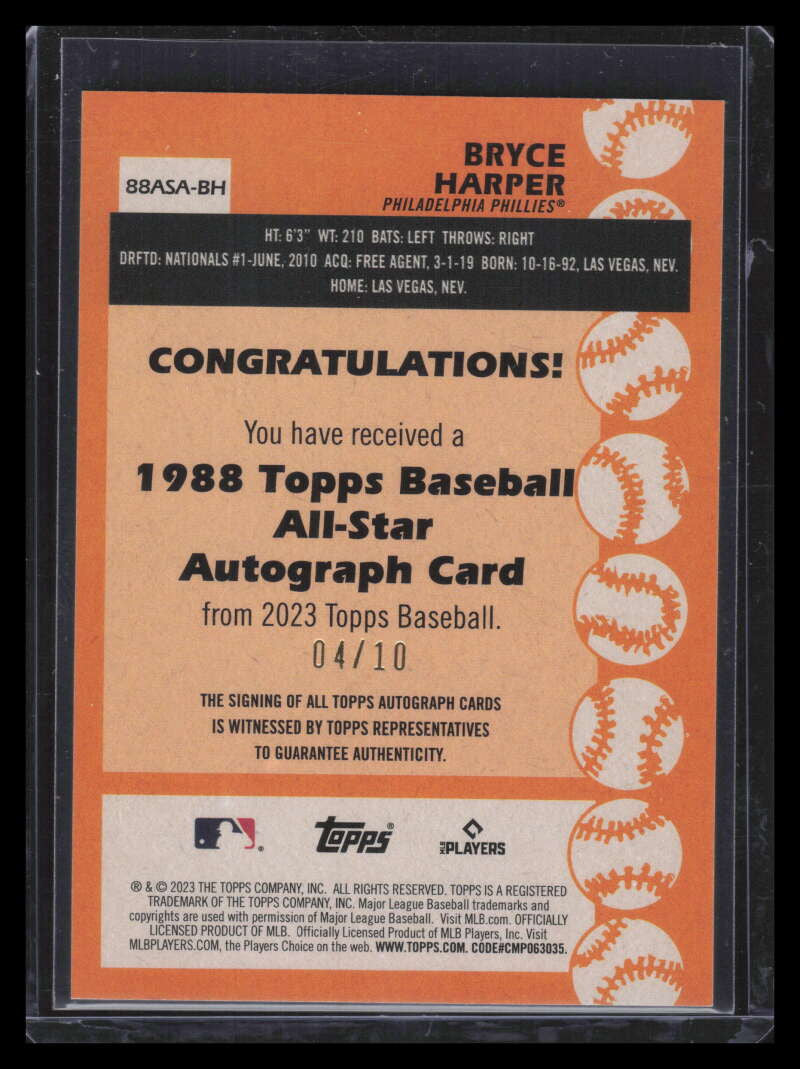 2023 Topps '88 Topps All Star Autographs Red 88asabh Bryce Harper Auto 4/10