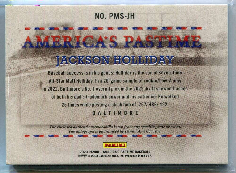 2023 Panini America's Pastime Signatures Jackson Holliday RC Jersey Auto 13/75