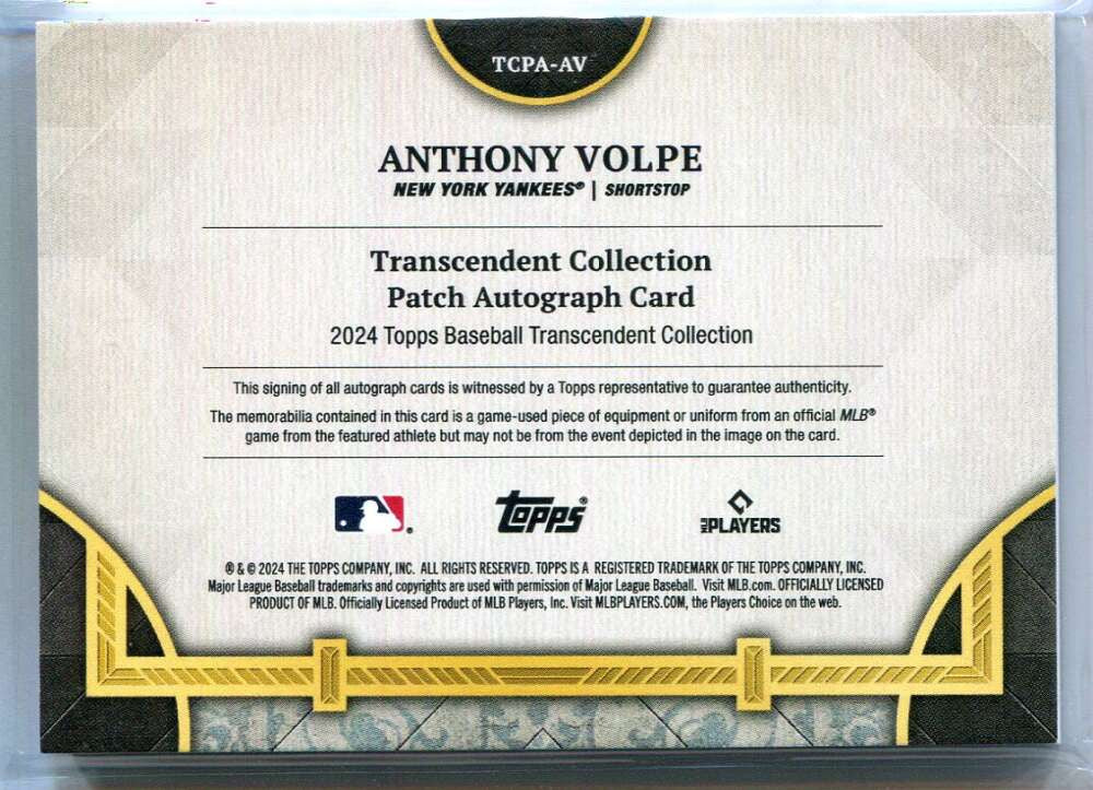 2024 Topps Transcendent Collection Patch Autographs Anthony Volpe Patch Auto /15