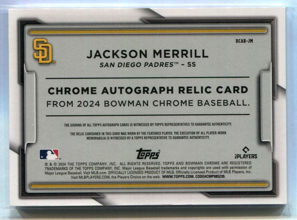 2024 Bowman Chrome Autograph Relics BCARJM Jackson Merrill RC Jersey Auto 77/150