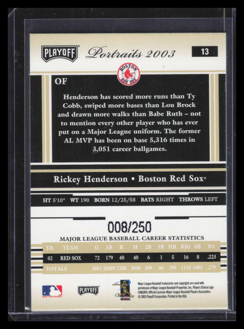 2003 Playoff Portraits Beige 13 Rickey Henderson Sox 8/250 Red Sox
