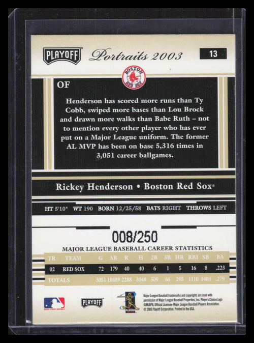2003 Playoff Portraits Beige 13 Rickey Henderson Sox 8/250 Red Sox