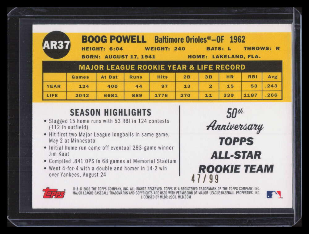 2008 Topps 50th Anniversary All Rookie Team Gold ar37 Boog Powell 47/99