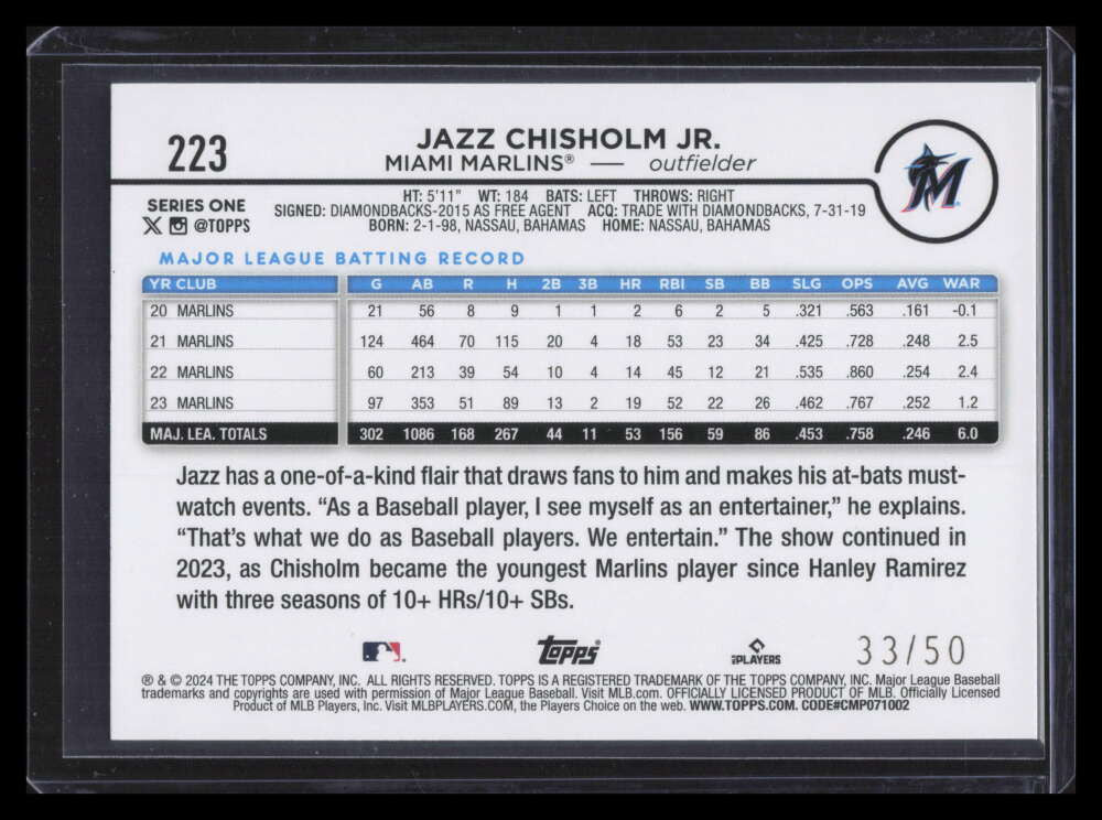 2024 Topps Mother's Day Pink 223 Jazz Chisholm Jr. 33/50