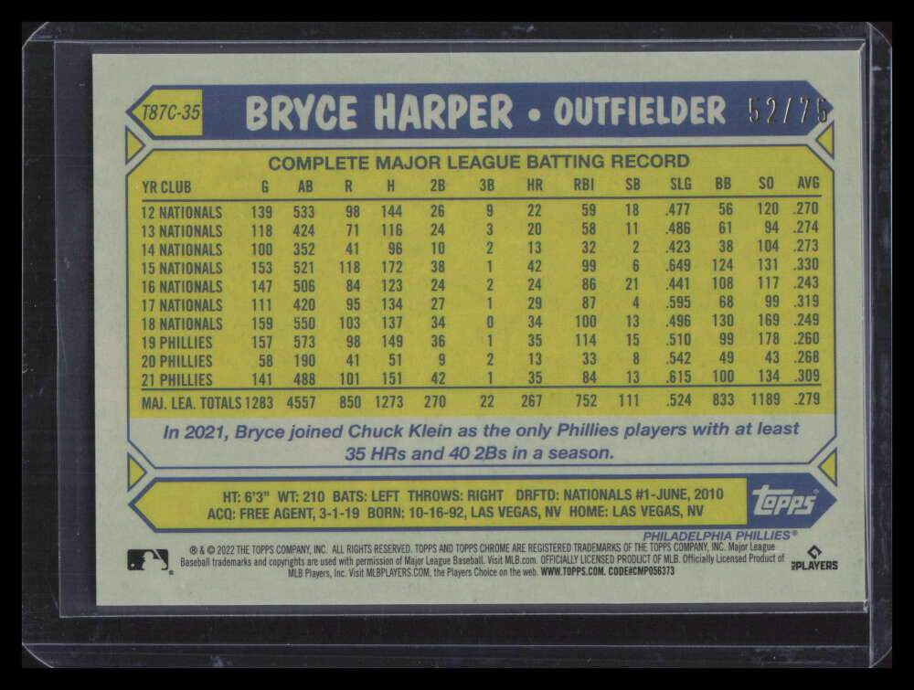 DELETE 173290 2022 Topps Update '87 Silver Pack Chrome Purple Refractor Bryce Harper 52/75