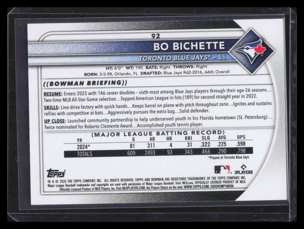 2025 Bowman Black 92 Bo Bichette 2/10