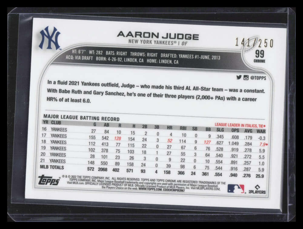DELETE 173307 2022 Topps Chrome Purple Refractor 99 Aaron Judge 141/250