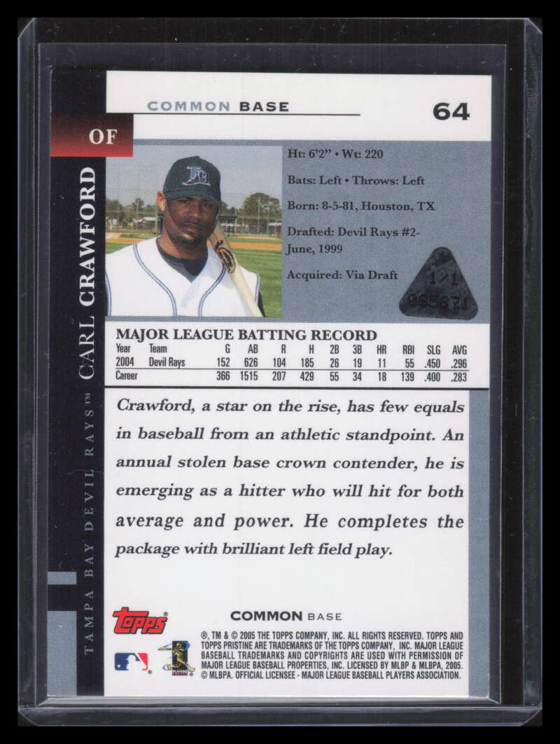 2005 Topps Pristine Printing Plate Yellow 64 Carl Crawford 1/1