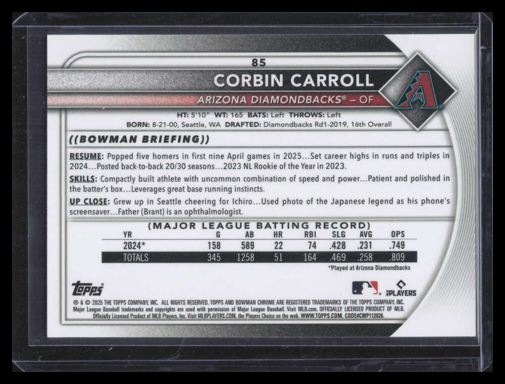 2025 Bowman Chrome Orange Refractor 85 Corbin Carroll 2/25