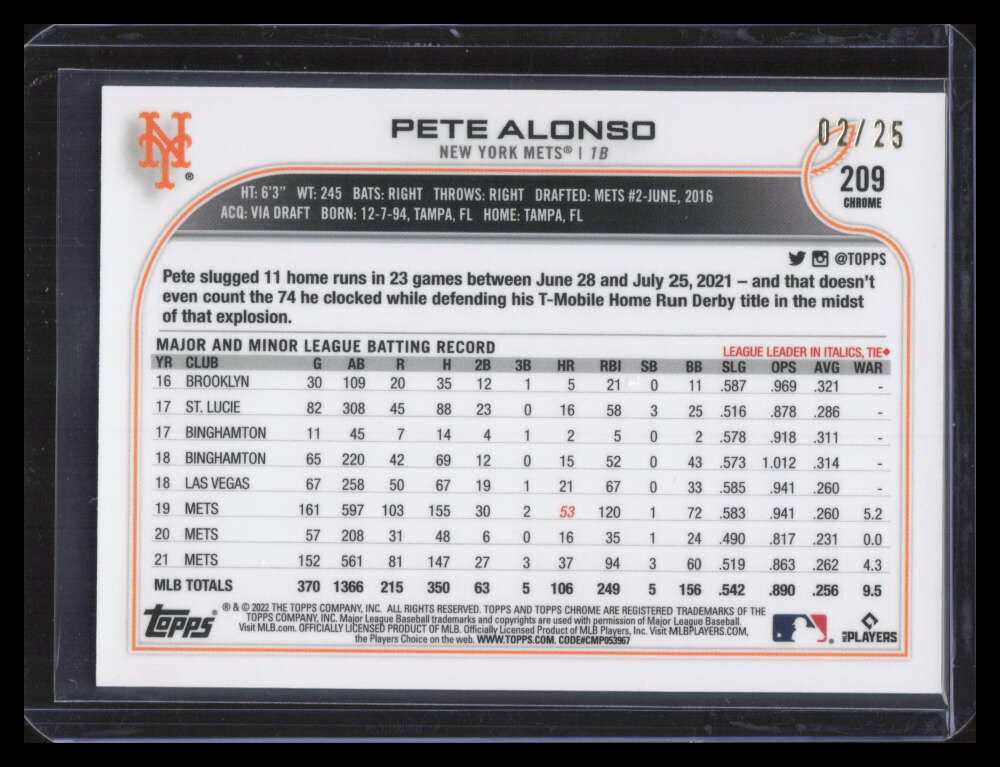 DELETE 173333 2022 Topps Chrome Orange Wave Refractor 209 Pete Alonso 2/25