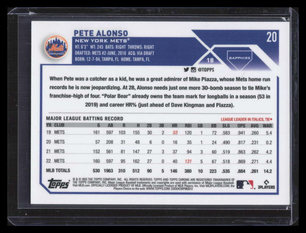 DELETE 173334 2023 Topps Chrome Sapphire Orange Refractor 20 Pete Alonso 3/25