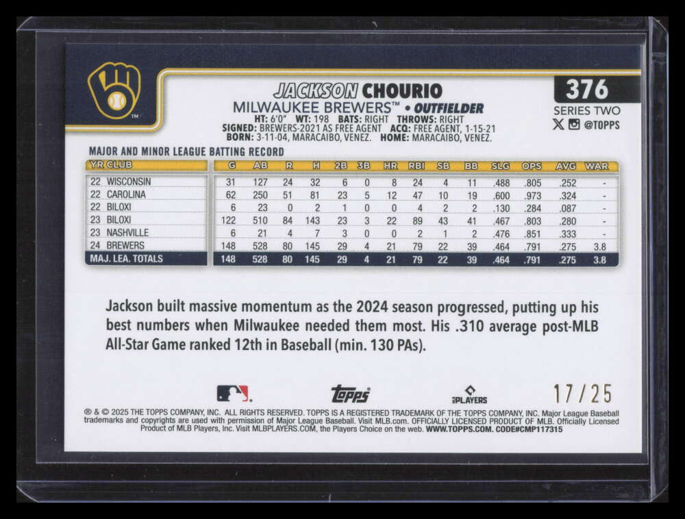 2025 Topps Fanatics Fest Big Apple Orange Foil 376 Jackson Chourio 17/25