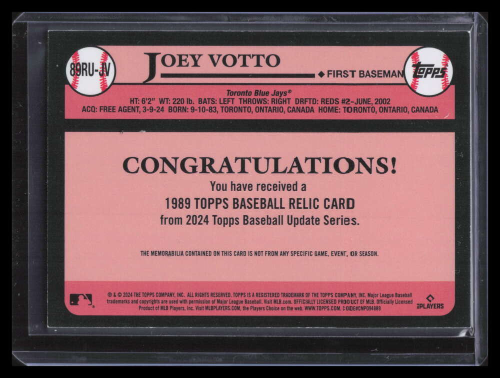 2024 Topps Update '89 Topps Relics Gold Joey Votto Bat 5/50