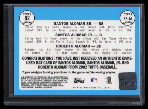 2002 Topps Like Father Like Son Relic FSAL Sandy Sr Jr Roberto Alomar Triple Bat