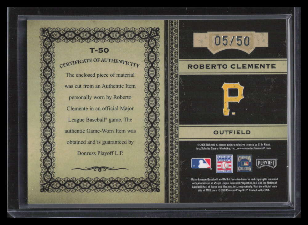 2005 Prime Cuts Timeline Material Bat t50 Roberto Clemente Bat 5/50