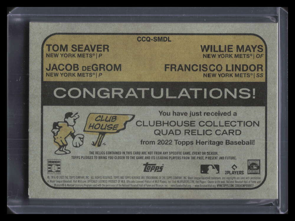 2022 Topps Heritage Clubhouse Collection deGrom Lindor Seaver Mays Bat Patch 1/1
