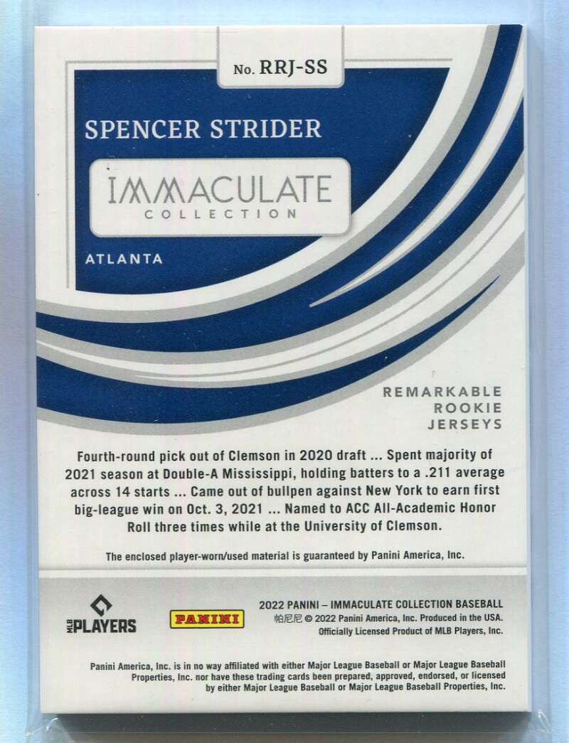 2022 Immaculate Remarkable Rookie Jerseys Blue 31 Spencer Strider RC Patch 17/25