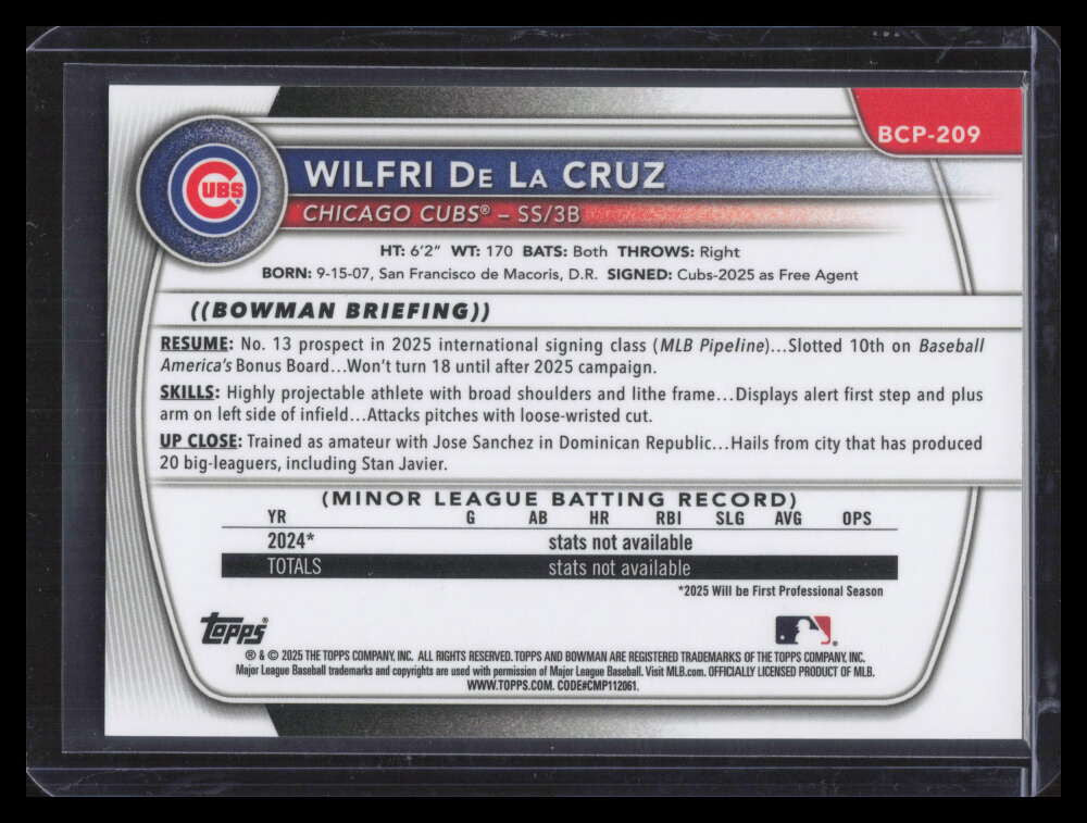 2025 Bowman Chrome Orange Reptilian Refractor bcp209 Wilfri De La Cruz RC 1/25