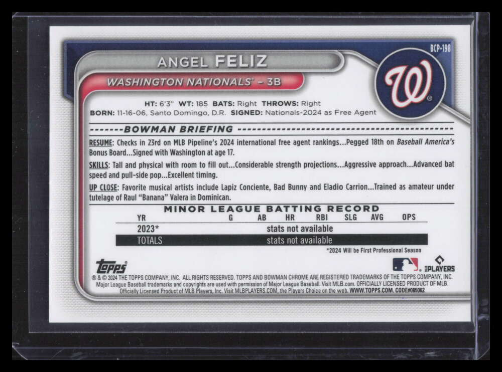 2024 Bowman Chrome Prospects Black Reptilian Refractor Angel Feliz Rookie 10/10