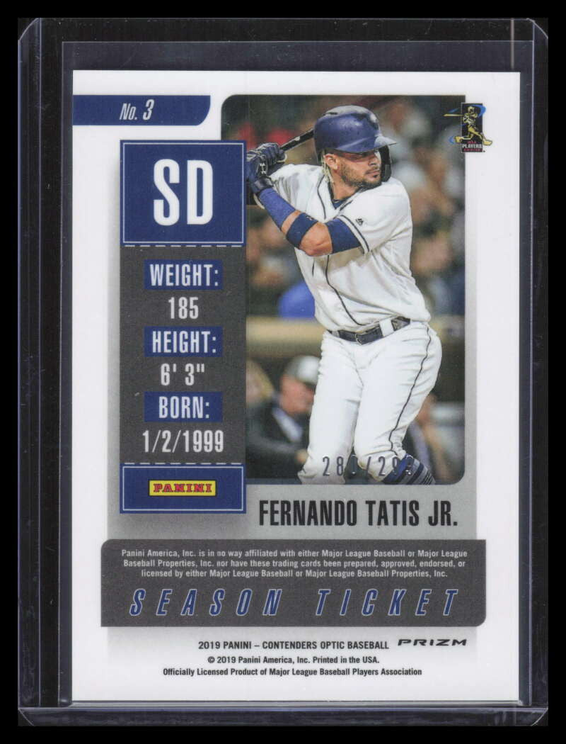 2019 Panini Contenders Optic Hyper Refractor 3 Fernando Tatis Jr. Rookie 280/299