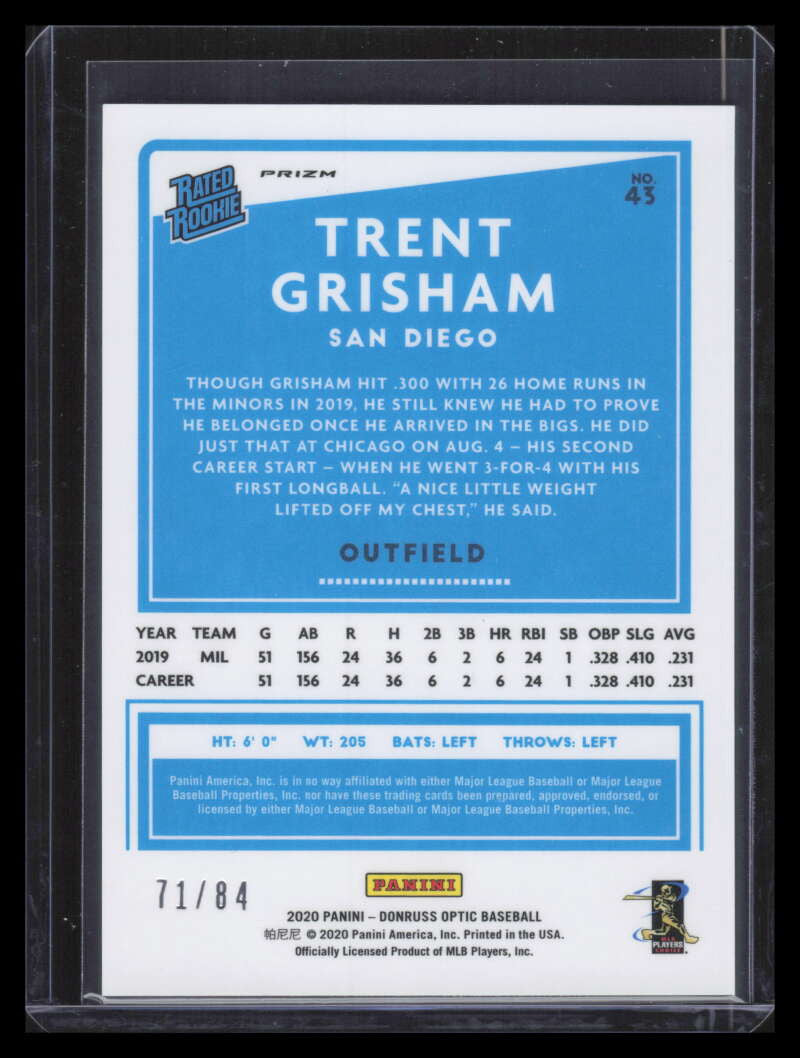 2020 Donruss Optic Green Dragon Refractor 43 Trent Grisham RR Rated Rookie 71/84