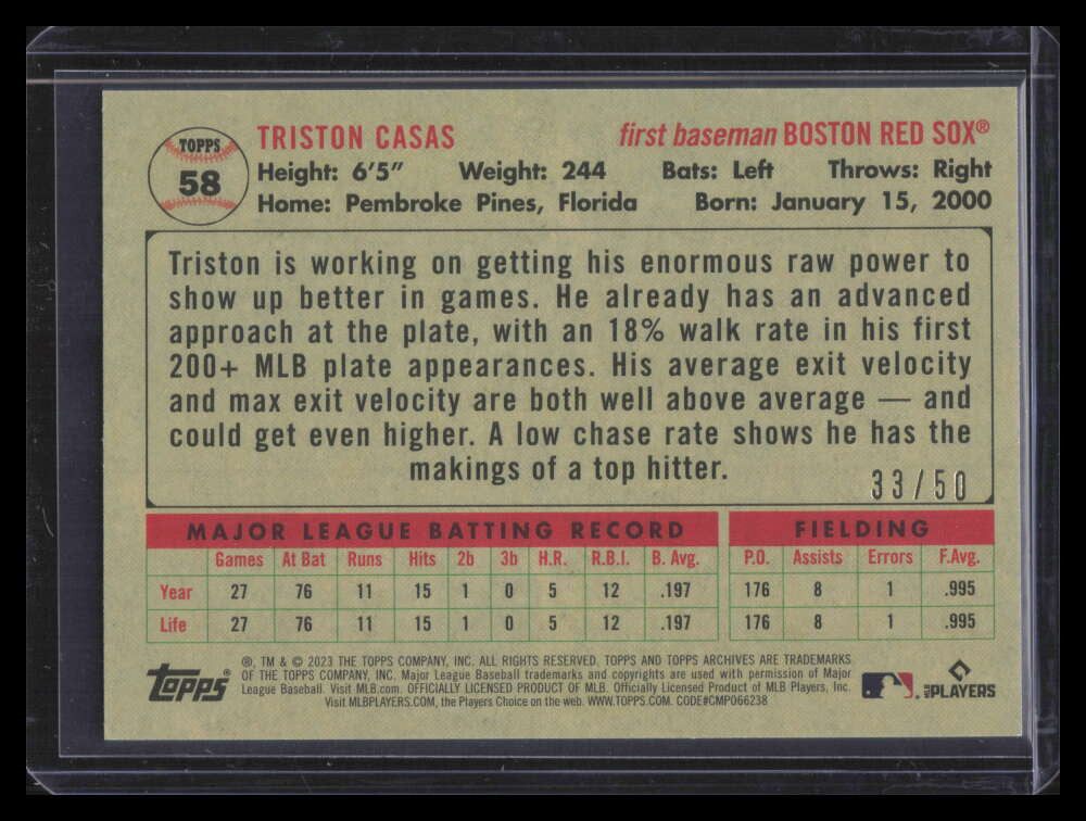 2023 Topps Archives Red Hot 58 Triston Casas Rookie 33/50