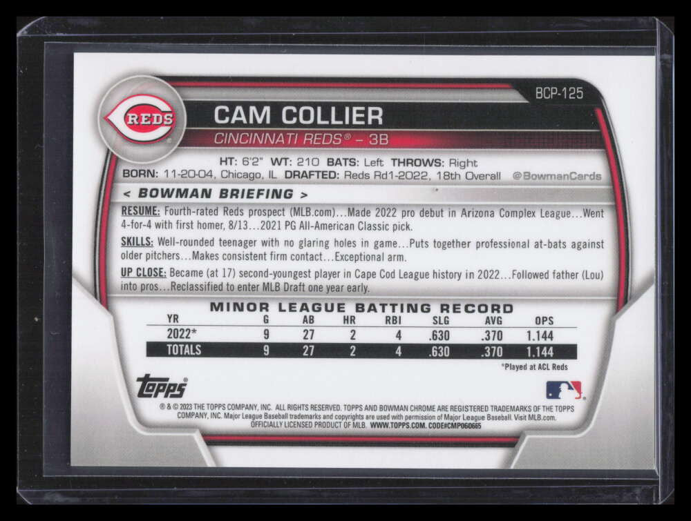 2023 Bowman Chrome Prospects Blue RayWave Refractor Cam Collier Rookie 78/150