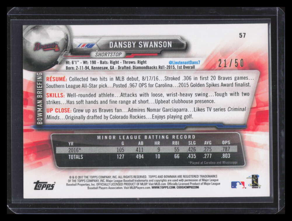 2017 Bowman Gold 47 Dansby Swanson Rookie 21/50