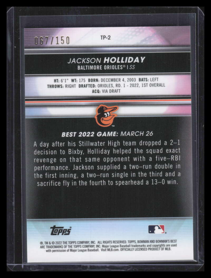 2022 Bowman's Best Top Prospects Blue Refractor tp2 Jackson Holliday RC 67/150