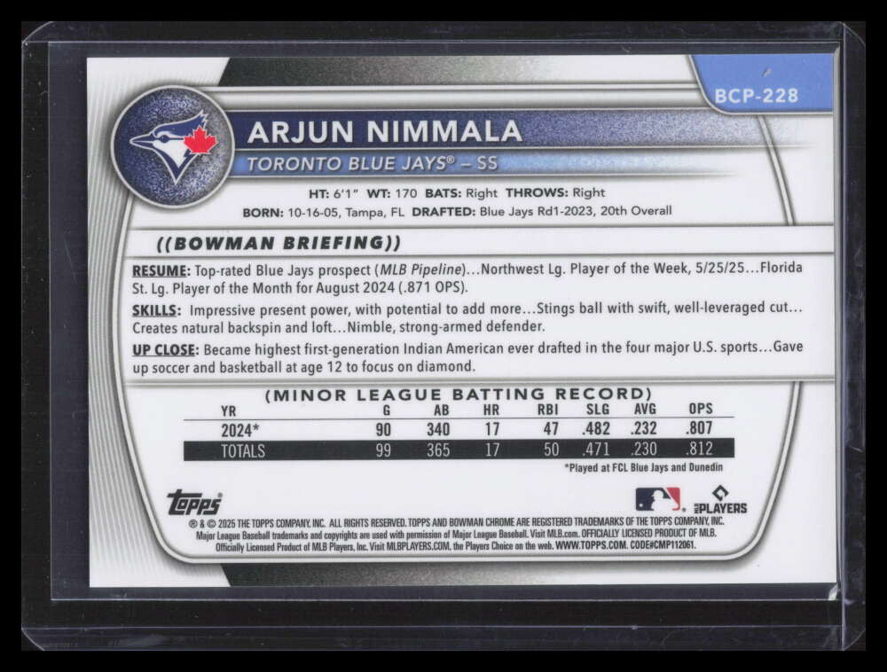 2025 Bowman Chrome Prospects Gold Wave Refractor Arjun Nimmala Rookie 47/50