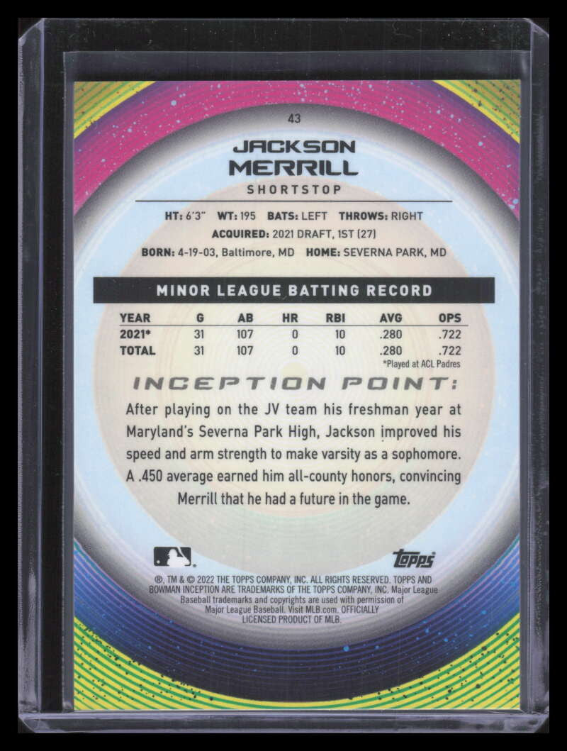 2022 Bowman Inception Orange 43 Jackson Merrill Rookie 3/25