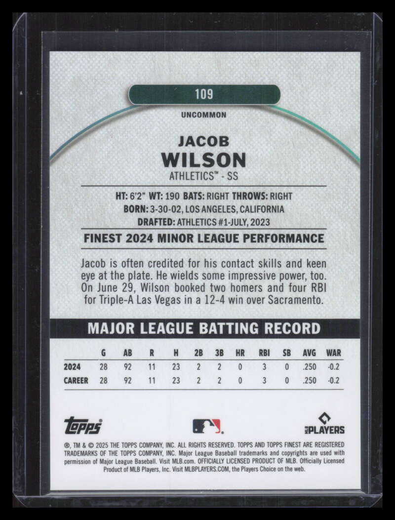 2025 Finest Orange Refractor 109 Jacob Wilson Rookie 10/20 Uncommon