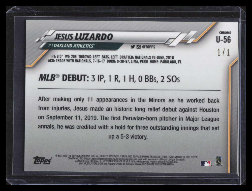 2020 Topps Chrome Update Superfractor u56 Jesus Luzardo RD Rookie Debut 1/1