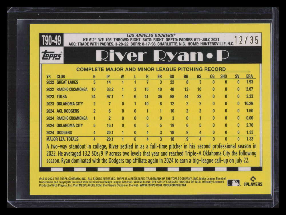 2025 Topps '90 Topps No Name t9049 River Ryan Rookie 12/35