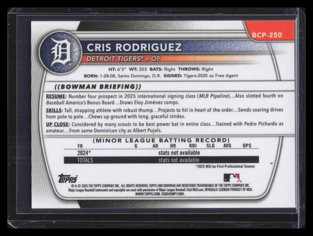 2025 Bowman Chrome Prospects Red Shimmer Refractor bcp250 Cris Rodriguez RC 4/5