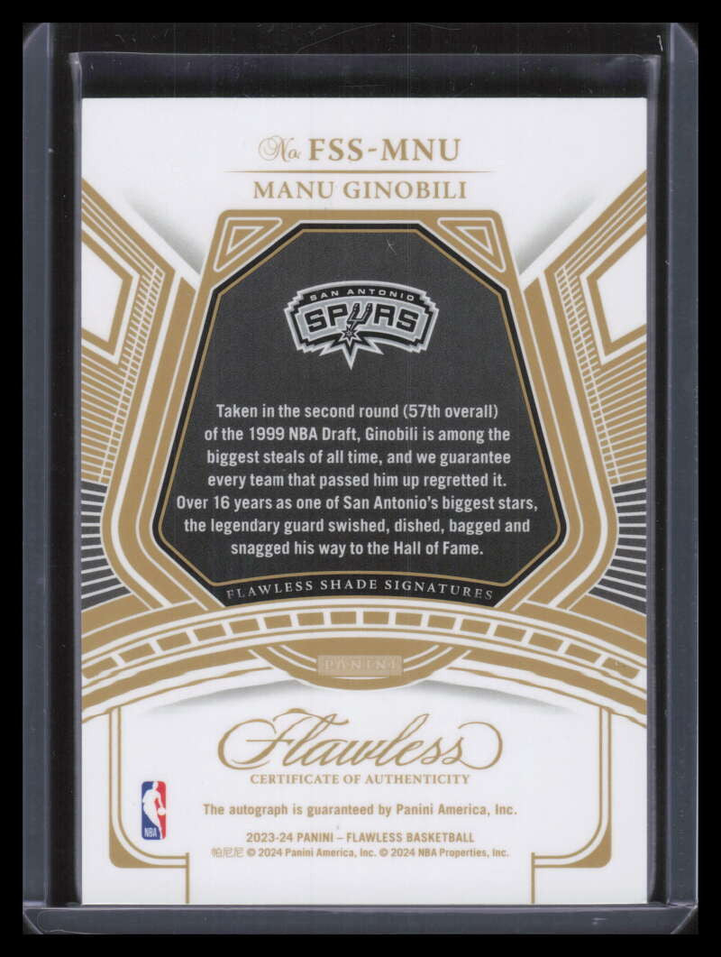 2023-24 Panini Flawless Shade Signatures Blue 42 Manu Ginobili Auto 2/8