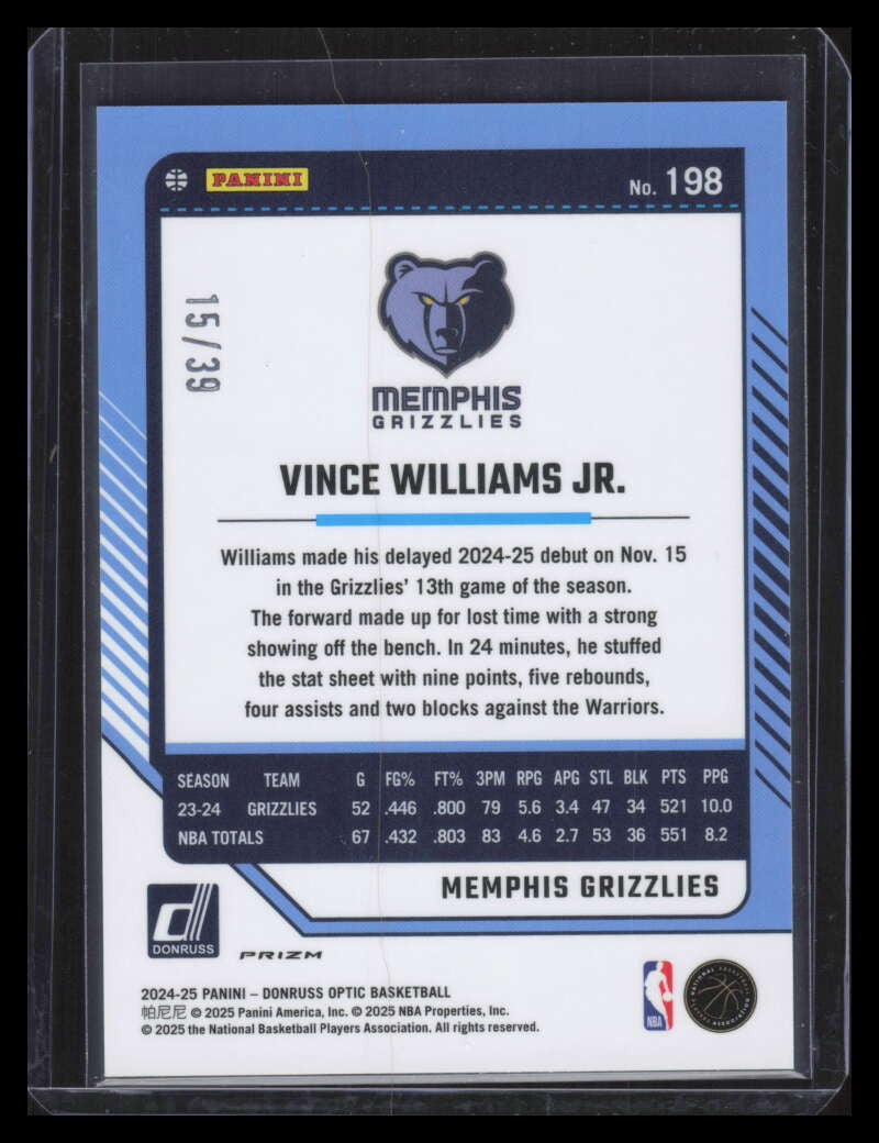 2024-25 Donruss Optic Black Velocity Refractor 198 Vince Williams Jr. 15/39