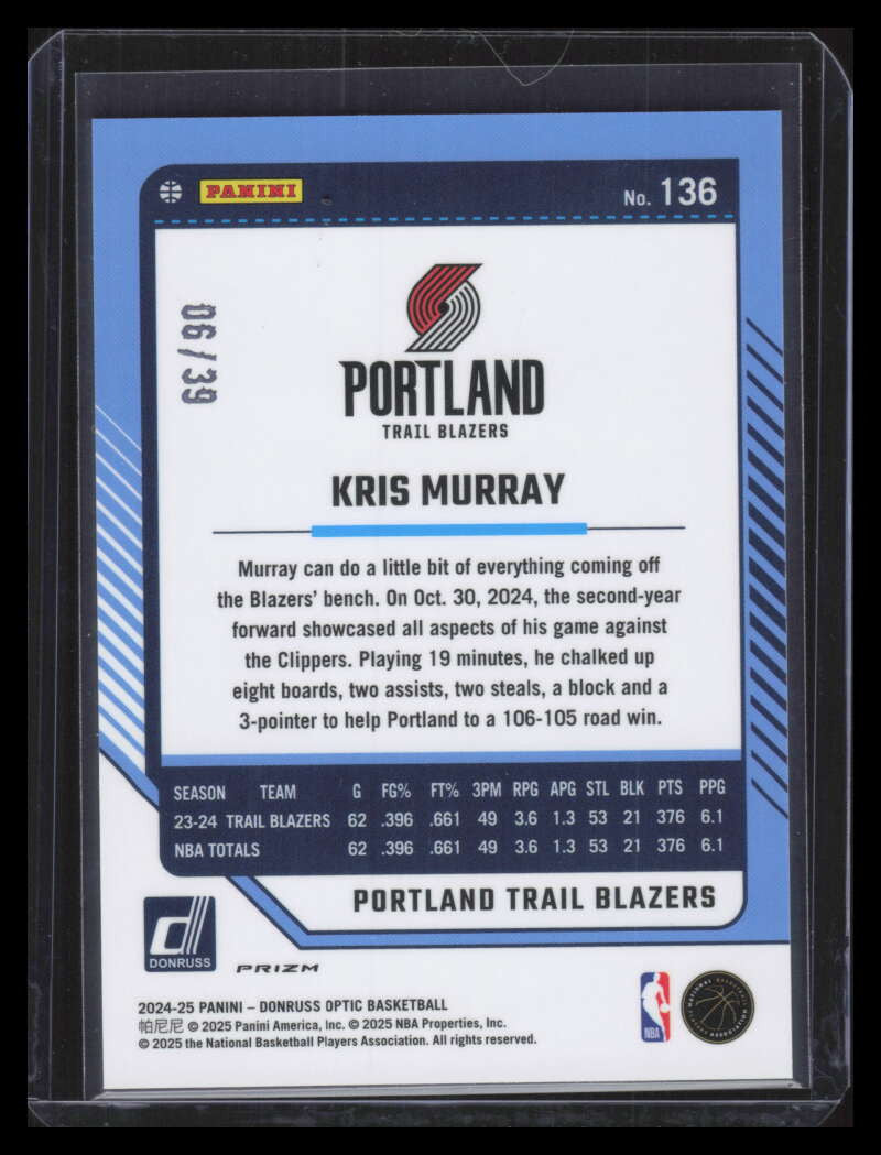 2024-25 Donruss Optic Black Velocity Refractor 136 Kris Murray 6/39