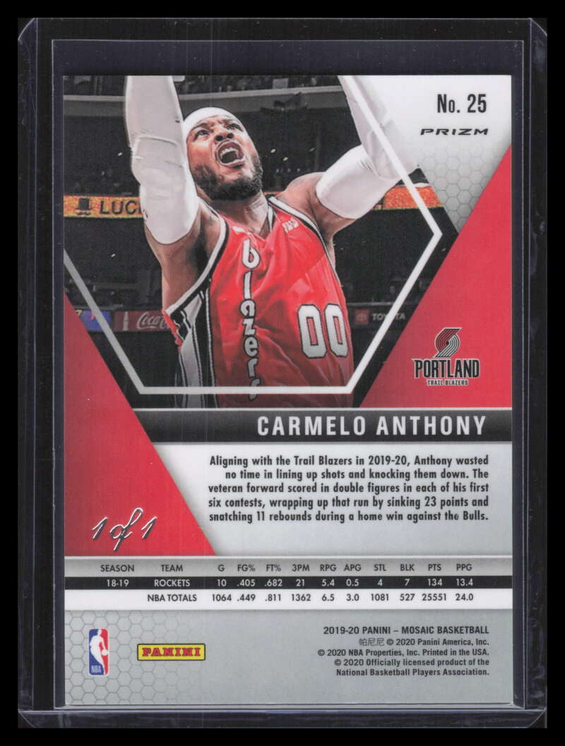 2019-20 Panini Mosaic Mosaic Fast Break Black Refractor 25 Carmelo Anthony 1/1