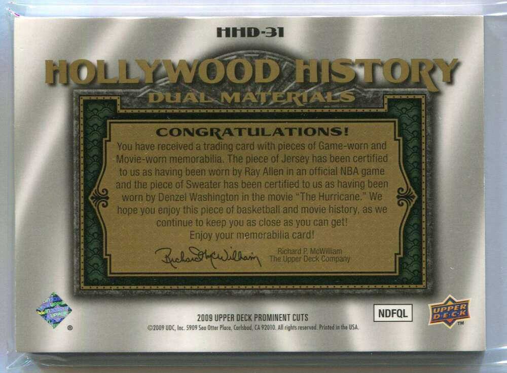 2009 UD Hollywood History hhd31 Denzel Washington Ray Allen Sweater Jersey 66/75