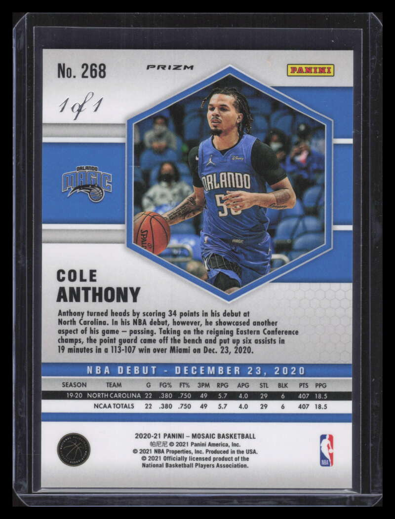 SOLD 173726 2020-21 Panini Mosaic Fast Break Black Refractor 268 Cole Anthony Rookie 1/1