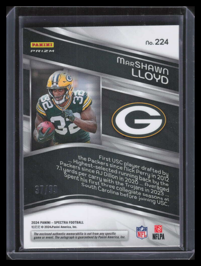SOLD 173739 2024 Panini Spectra 224 MarShawn Lloyd Rookie Patch Auto 37/99