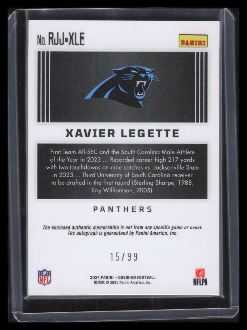 2024 Panini Obsidian Jumbo Autographs Silver Xavier Legette RC Jersey Auto 15/99