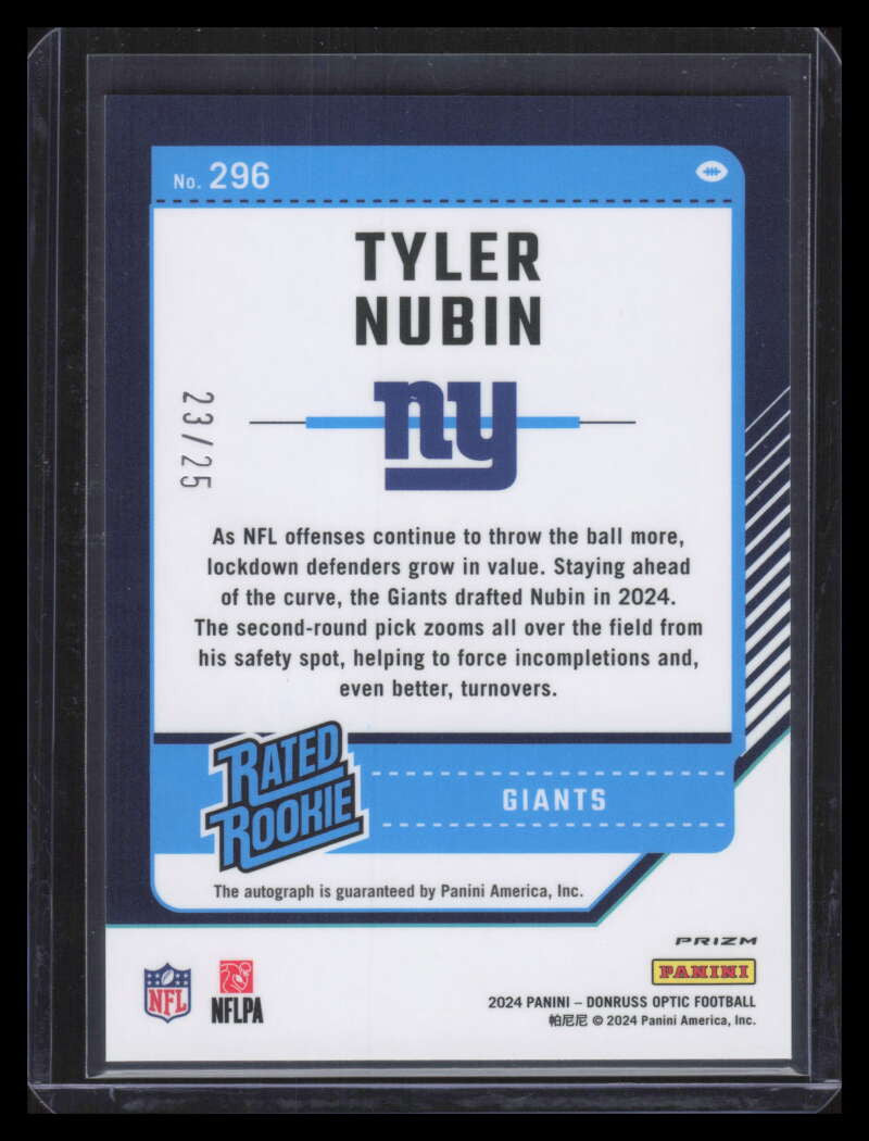 2024 Donruss Optic Rated Rookies Autograph Black Pandora Tyler Nubin RC Auto /25