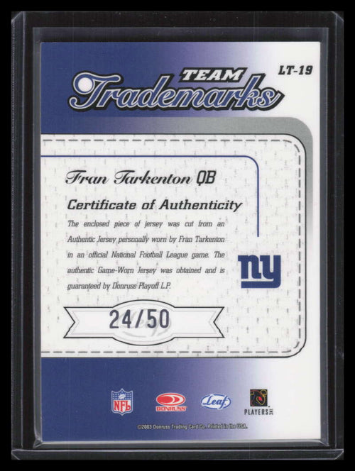 2003 Leaf Limited Trademarks Autographs lt19 Fran Tarkenton Jersey Auto 24/50