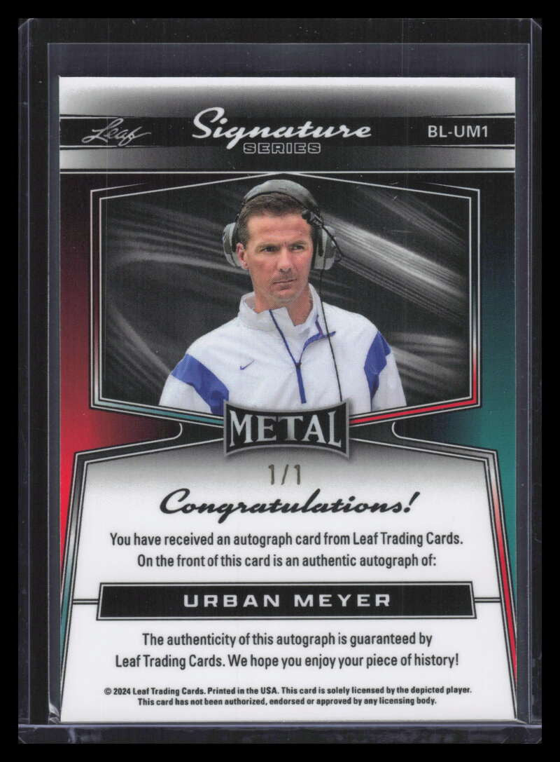 2024 Leaf Metal Signature Series Borderless Autograph Green Urban Meyer Auto 1/1