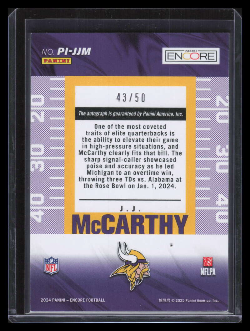 2024 Panini Encore Pinnacle Inscriptions Red 22 J. J. McCarthy Rookie Auto 43/50