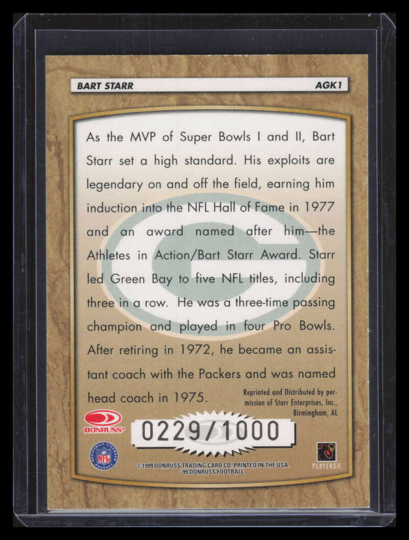 1999 Donruss All-Time Gridiron Kings Autographs agk1 Bart Starr Auto 229/500